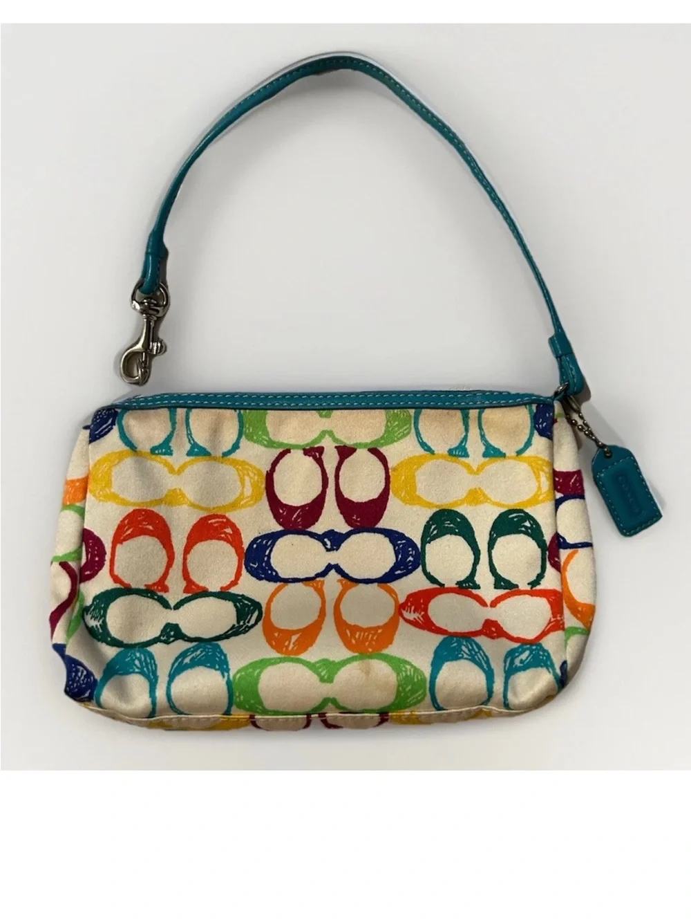 Coach Poppy Scribble Multicolored Wristlet/Clutch,Soft Canvas,Aqua Leather  Trim